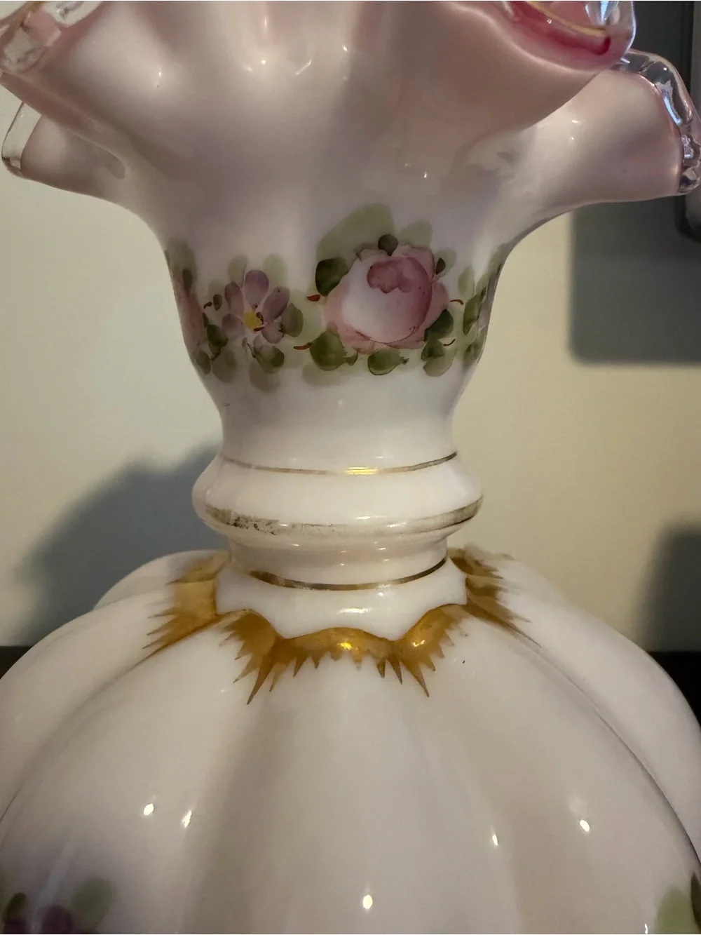 Vintage Fenton Charleton Peach Crest Melon Vase 7” Hand Painted Roses Gold